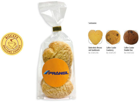 Cookies Bodenstandbeutel mit Werbeaufkleber,   5 Stück, Inhalt: Butterkeks Herzen