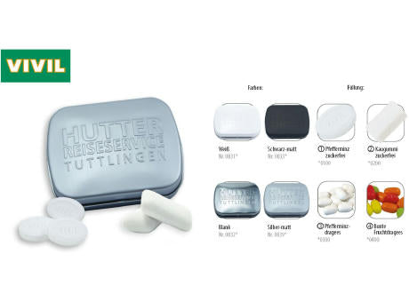Klapp-Dose-59 geprägt, silber-matt 20 g, Inhalt: VIVIL Extra Strong, zuckerfrei (Dose)