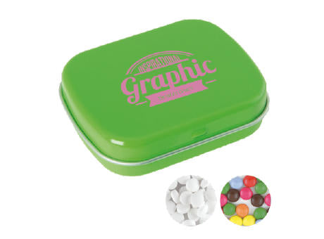 Scharnierdose,standardmäßig gefüllt mit DutchDex Dextrose-Minzbonbons (MADE IN HOLLAND). Optional mit verschiedenen europäischen Füllungen