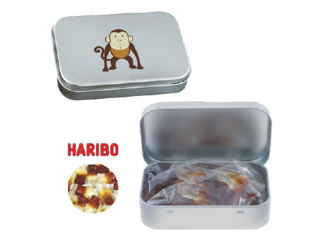 Blechdose mit Scharnier mit ca. 60 gr. Haribo Colafläschchen