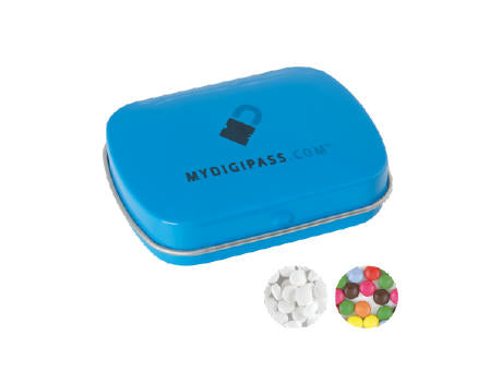 Gewölbte Scharnierblechd, standardmäßig gefüllt mit DutchDex Dextrose-Minzbonbons (HERGESTELLT IN DEN NIEDERLANDEN). Optional mit verschiedenen europä