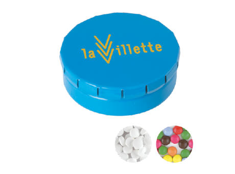 Runde Click-Blechdose (Ø 45 mm)  standardmäßig gefüllt mit DutchDex Dextrose-Minzbonbons.Optional mit verschiedenen europäischen Füllungen erhältlich.
