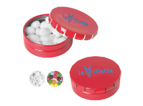 Runde Click-Blechdose (Ø 45 mm)  standardmäßig gefüllt mit DutchDex Dextrose-Minzbonbons.Optional mit verschiedenen europäischen Füllungen erhältlich.