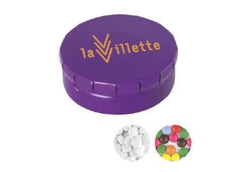 Runde Click-Blechdose (Ø 45 mm)  standardmäßig gefüllt mit DutchDex Dextrose-Minzbonbons.Optional mit verschiedenen europäischen Füllungen erhältlich.