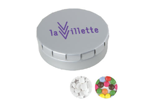 Runde Click-Blechdose (Ø 45 mm)  standardmäßig gefüllt mit DutchDex Dextrose-Minzbonbons.Optional mit verschiedenen europäischen Füllungen erhältlich.