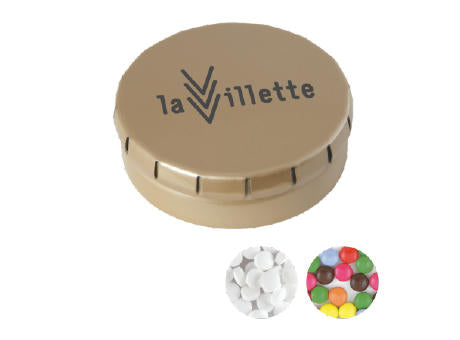 Runde Click-Blechdose (Ø 45 mm)  standardmäßig gefüllt mit DutchDex Dextrose-Minzbonbons.Optional mit verschiedenen europäischen Füllungen erhältlich.
