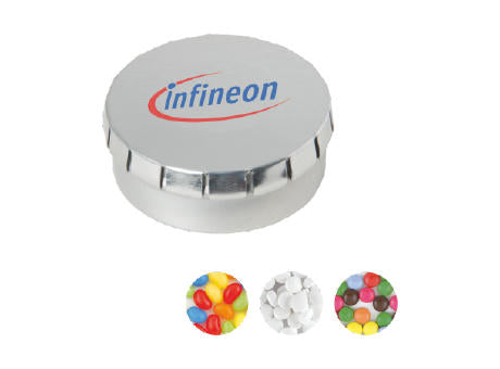 Runde Click-Blechdose (Ø 53 mm) standardmäßig gefüllt mit DutchDex Dextrose-Minzbonbons. Optional mit verschiedenen europäischen Füllungen erhältlichh