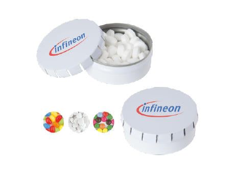 Runde Click-Blechdose (Ø 53 mm) standardmäßig gefüllt mit DutchDex Dextrose-Minzbonbons. Optional mit verschiedenen europäischen Füllungen erhältlichh