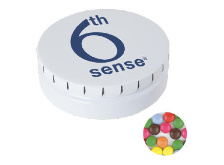 Runde Click-Blechdose (Ø 75 mm) standardmäßig gefüllt mit DutchDex Dextrose-Minzbonbons. Optional mit verschiedenen Füllungen erhältlich