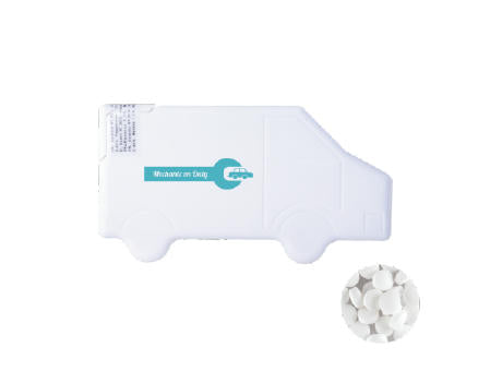 LKW Mintdispenser mit ca. 8 gr. Minties zuckerfrei und Zutatenaufkleber