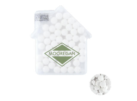 Mintdispenser Haus mit ca. 8 gr. Minties zuckerfrei und Zutatenaufkleber