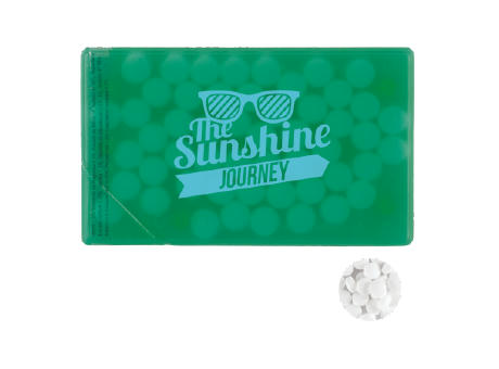Mintdispenser Kreditkarte mit ca. 8 gr. Minties zuckerfrei und Zutatenaufkleber