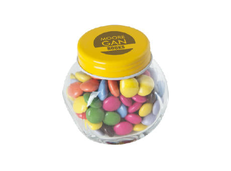 Bonbonglas mini gefüllt mit ca. 40 gr. Schokocarletties mit farbigem Deckel