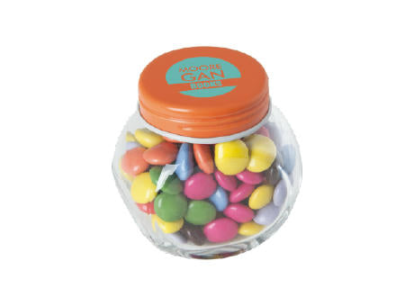 Bonbonglas mini gefüllt mit ca. 40 gr. Schokocarletties mit farbigem Deckel
