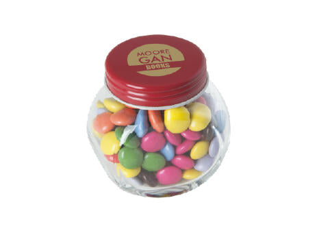 Bonbonglas mini gefüllt mit ca. 40 gr. Schokocarletties mit farbigem Deckel