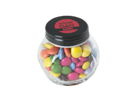 Bonbonglas mini gefüllt mit ca. 40 gr. Schokocarletties mit farbigem Deckel