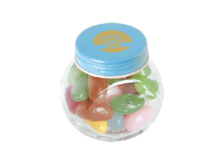 Bonbonglas mini gefüllt mit ca. 40 gr. Jelly Beans mit farbigem Deckel