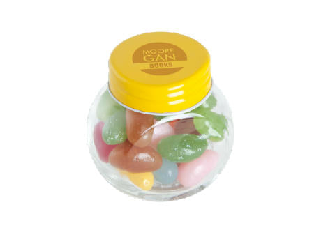 Bonbonglas mini gefüllt mit ca. 40 gr. Jelly Beans mit farbigem Deckel