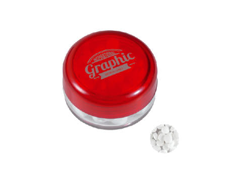 Runde Plastikdose mit farbigem Deckel gefüllt mit ca. 12 gr. extra strong Minties `Triangle`