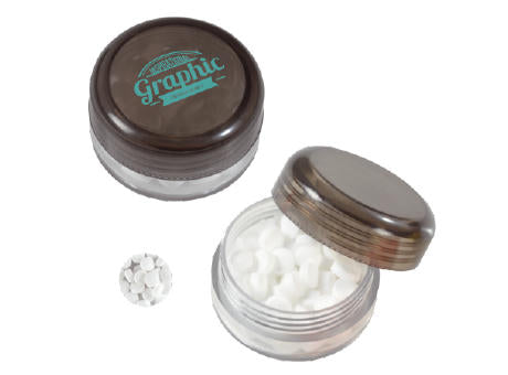 Runde Plastikdose mit farbigem Deckel gefüllt mit ca. 12 gr. extra strong Minties `Triangle`