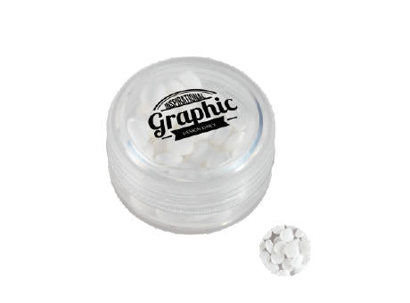 Runde Plastikdose mit farbigem Deckel gefüllt mit ca. 12 gr. extra strong Minties `Triangle`