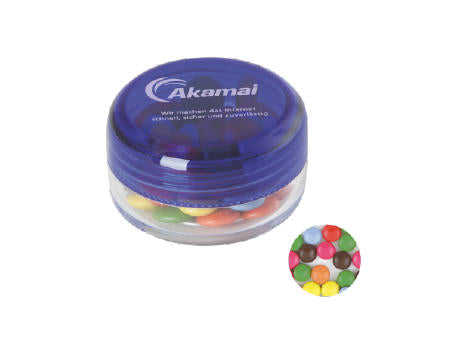 Runde Plastikdose mit farbigem Deckel gefüllt mit ca. 12 gr. Schokocarletties