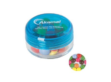 Runde Plastikdose mit farbigem Deckel gefüllt mit ca. 12 gr. Schokocarletties