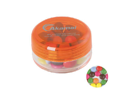 Runde Plastikdose mit farbigem Deckel gefüllt mit ca. 12 gr. Schokocarletties