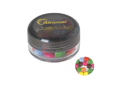 Runde Plastikdose mit farbigem Deckel gefüllt mit ca. 12 gr. Schokocarletties
