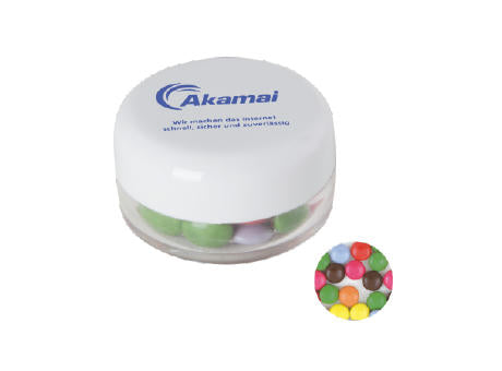Runde Plastikdose mit farbigem Deckel gefüllt mit ca. 12 gr. Schokocarletties