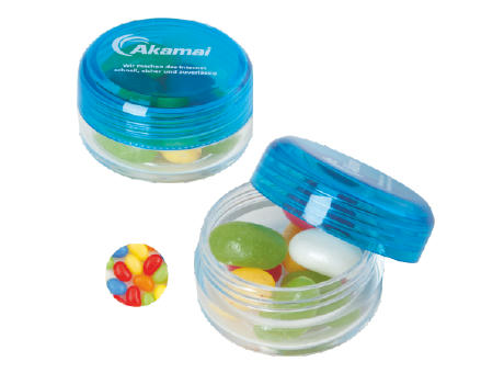 Runde Plastikdose mit farbigem Deckel gefüllt mit ca. 12 gr. Jelly Beans