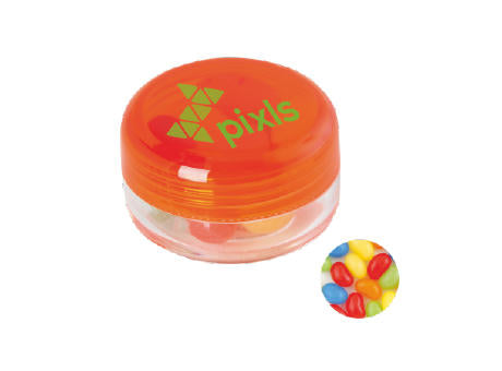 Runde Plastikdose mit farbigem Deckel gefüllt mit ca. 12 gr. Jelly Beans