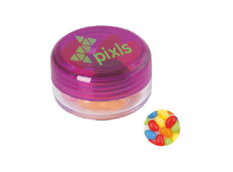 Runde Plastikdose mit farbigem Deckel gefüllt mit ca. 12 gr. Jelly Beans