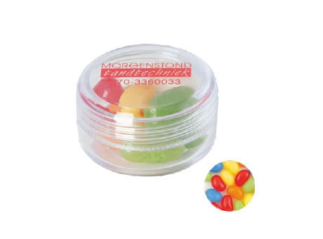 Runde Plastikdose mit farbigem Deckel gefüllt mit ca. 12 gr. Jelly Beans