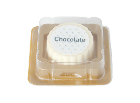 Logo-Praline aus weißer Schokolade mit Haselnuss Praliné Füllung, rechteckig oder rund, bis 4-c-bedruckt, Einzelverpackung