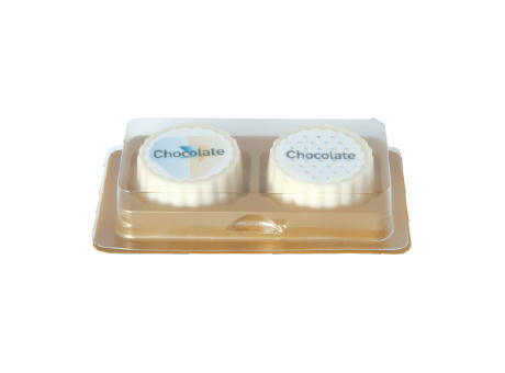 Logo-Praline aus weißer Schokolade mit Haselnuss Praliné Füllung, rechteckig oder rund, bis 4-c-bedruckt, 2er Verpackung