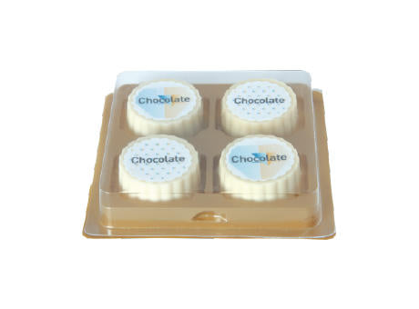 Logo-Praline aus weißer Schokolade mit Haselnuss Praliné Füllung, rechteckig oder rund, bis 4-c-bedruckt, 4er Verpackung
