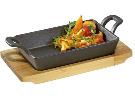 Küchenprofi BBQ Grill-/Servierpfanne eckig mit Holzbrett 21,5 x 12,5 x 6cm
