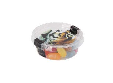 Transparenter biologisch abbaubarer Becher mit separatem Deckerl, Füllung 40 gr. Schokocarletties und Jelly Beans
