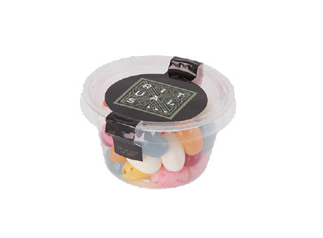 Transparenter biologisch abbaubarer Becher mit separatem Deckerl, Füllung 60 gr. Carletties und Jelly Beans