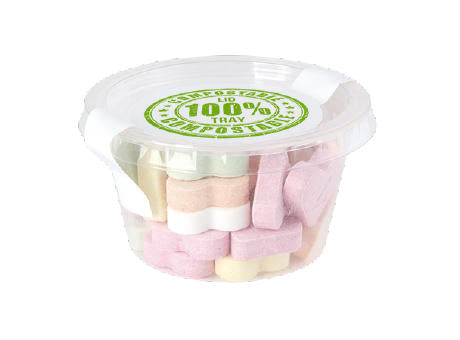 Transparenter biologisch abbaubarer Becher mit separatem Deckerl, Füllung 60 gr. DutchDex Dextrose Minties, Fruchtpastillen und Fruchtherzen