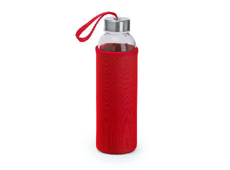 Glasflasche 500ml mit farbiger Neoprenhülle, der silberfarbene Metalldeckel ist mit einer farbigen Schlaufe versehen
