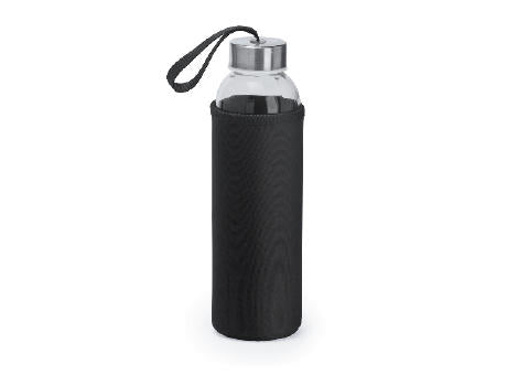 Glasflasche 500ml mit farbiger Neoprenhülle, der silberfarbene Metalldeckel ist mit einer farbigen Schlaufe versehen