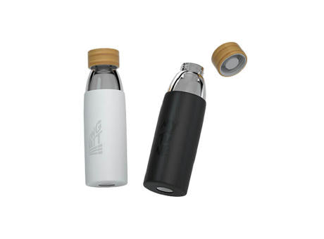 Trinkflasche aus Borosilikatglas mit Bambusverschluss Glossy Black