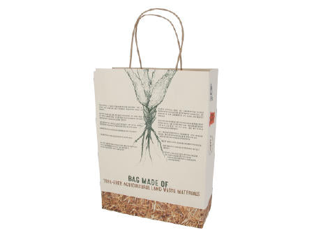 Tragetasche aus 50% baumfreiem Papier, 130 gsm, hergestellt aus landwirtschaftlichen Reststoffen 310x120x410 mm.