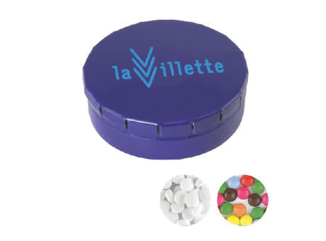 Runde Click-Blechdose (Ø 45 mm)  standardmäßig gefüllt mit DutchDex Dextrose-Minzbonbons.Optional mit verschiedenen europäischen Füllungen erhältlich.