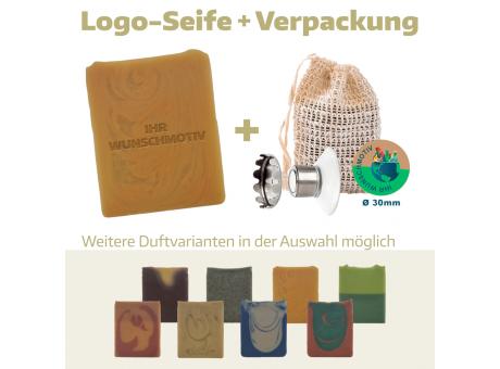 Logoseife groß in Peeling-Säckchen mit Magnethalter (Frischgewicht 104g)