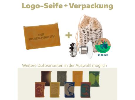 Logoseife klein in Peeling-Säckchen mit Magnethalter (Frischgewicht 52g)