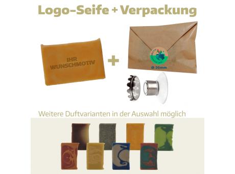 Logoseife klein in Papierumschlag mit Magnethalter (Frischgewicht 52g)