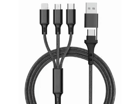 5in1 Ladekabel Nylon mit USB-A und TYP-C Kombistecker für Micro, TYP-C und Lightning 120cm Blau